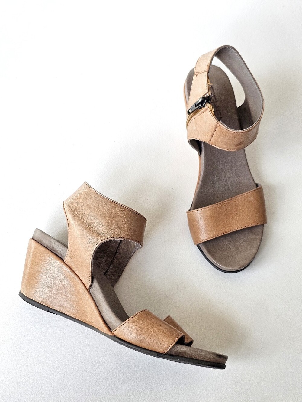 Ethem Italian Leather Wedge Sandals EU 37 Tan Ankle Zip Comfort Open Toe Shoes